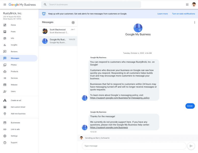 Google Мой бизнес добавил обмен сообщениями в десктопный интерфейс