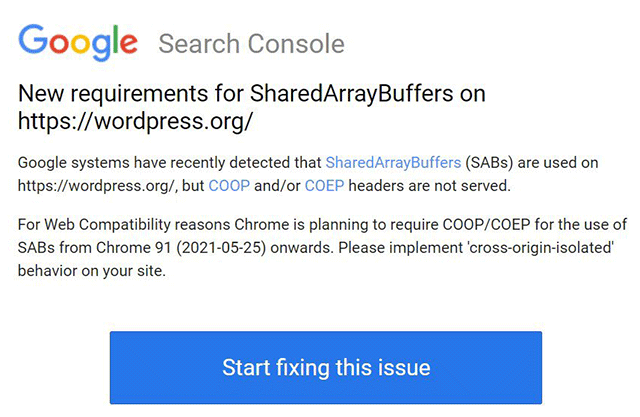 Search Console разослал оповещения о новых требованиях для SharedArrayBuffers
