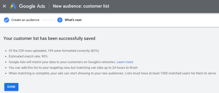 Google Ads стал показывать объем потенциальной аудитории при загрузке списков Customer Match