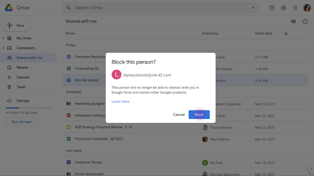 Google Диск позволил блокировать пользователей