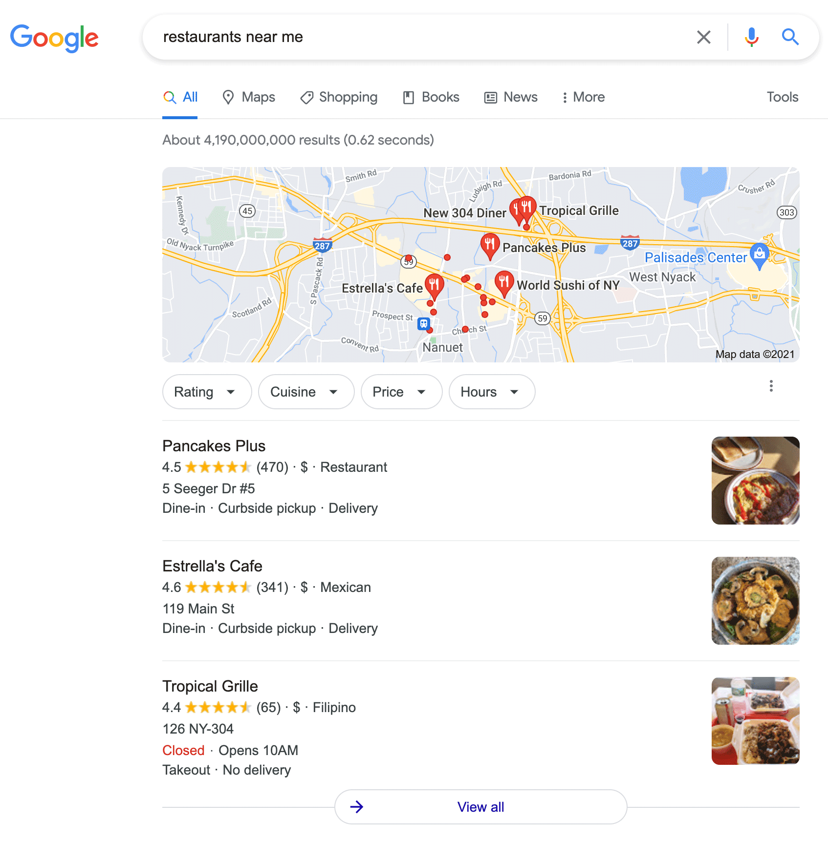 Google тестирует блок локальной выдачи с картой справа