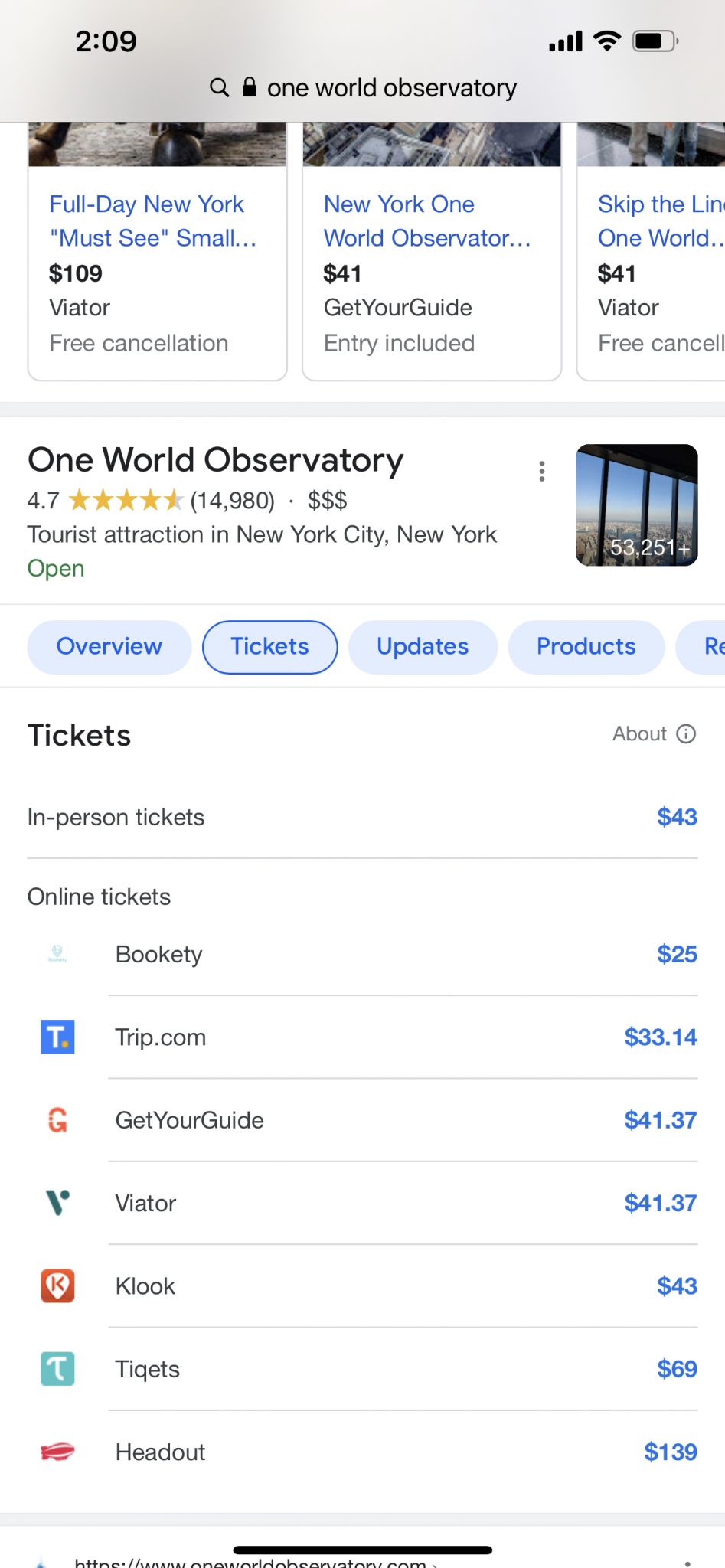 Google начал показывать ссылки на покупку билетов на экскурсии и туры напрямую