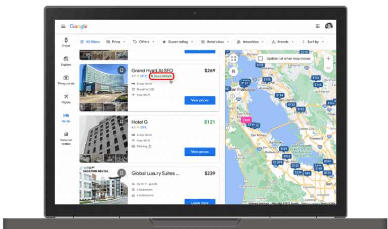 Google начал помечать эко-сертифицированные отели в результатах поиска