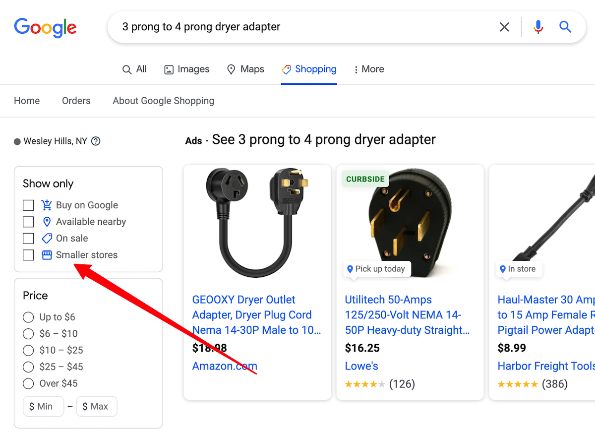 В Google Покупках появился фильтр по небольшим магазинам