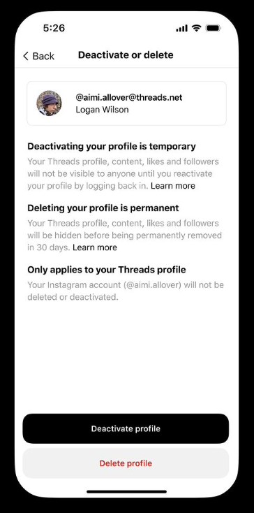 Instagram* реализовал возможность удаления профиля Threads