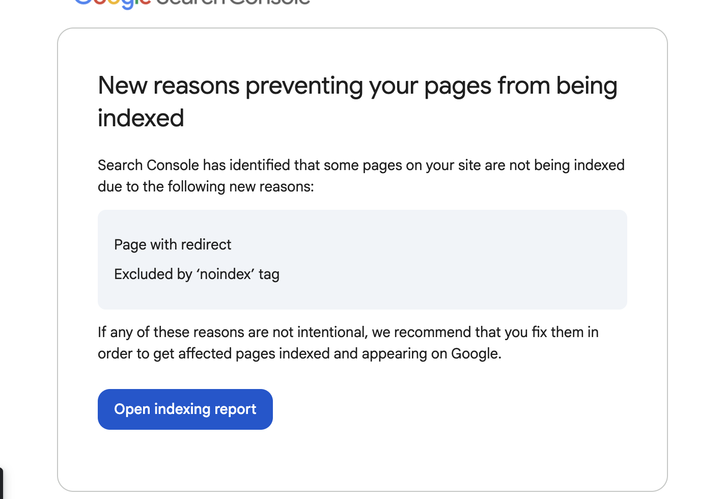 Скриншот уведомления из Search Console